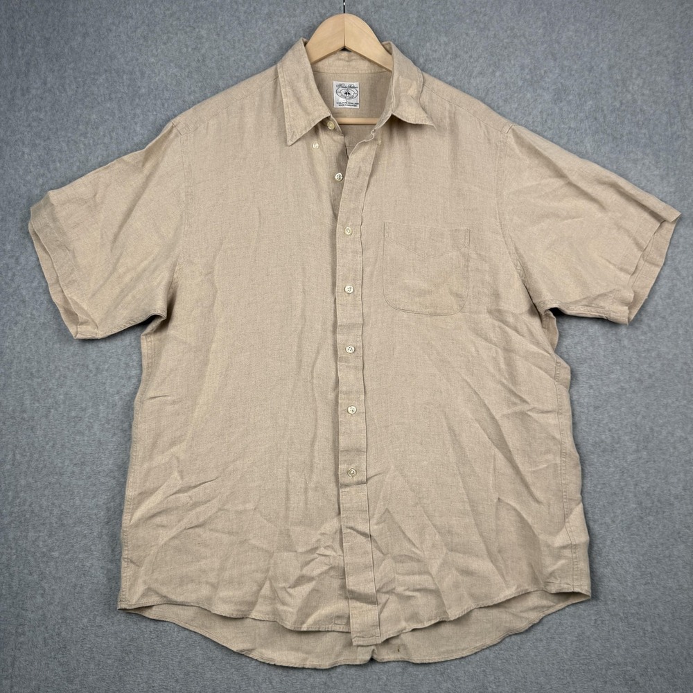 Brooks Brothers Shirt Mens Large Beige 100% Pure Irish Linen Short Sleeve Button
